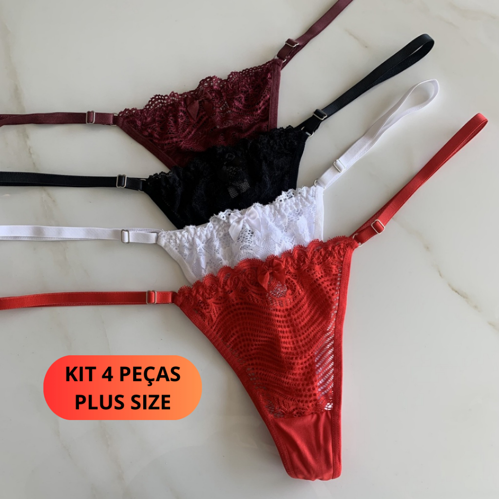 Kit 4 Calcinha Plus Size Sexy Fio Duplo Tanga em Renda