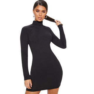 Vestido Midi Ribana gola alta Manga longa em Oferta na Shopee