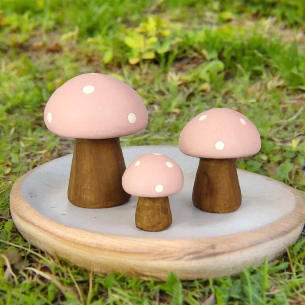 Trio de Mini Cogumelo Decorado de Ceramica Miniatura Cor Rosa em Oferta na Shopee