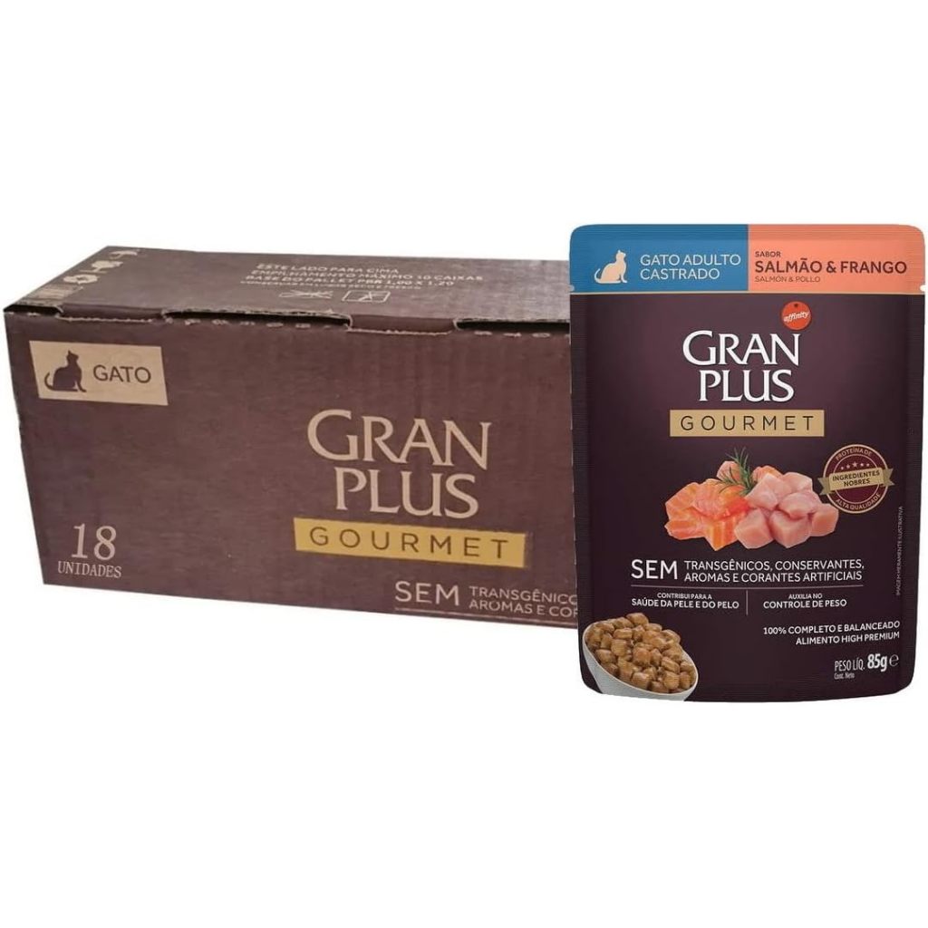Gran Plus Kit 18 Sachês Gourmet Gato Adulto Castrado Salmão e Frango 85g cada
