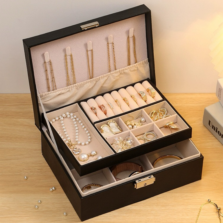 Porta Joias Grande Dupla Camada Multifuncional Couro com Chave Feminino Q11/Q14/Q13