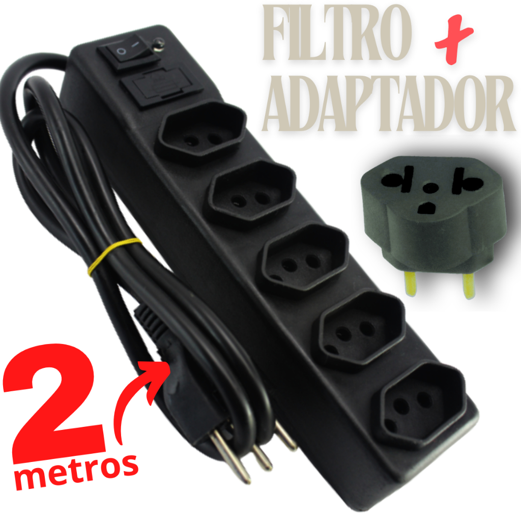 Filtro de linha 5 Tomadas Padrão Normatizado 2P+T 2 METROS em Oferta na Shopee