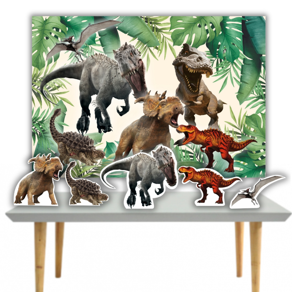 Kit festa aniversário mundo do dinossauro com enfeite de mesa e de parede - displays e poli banner