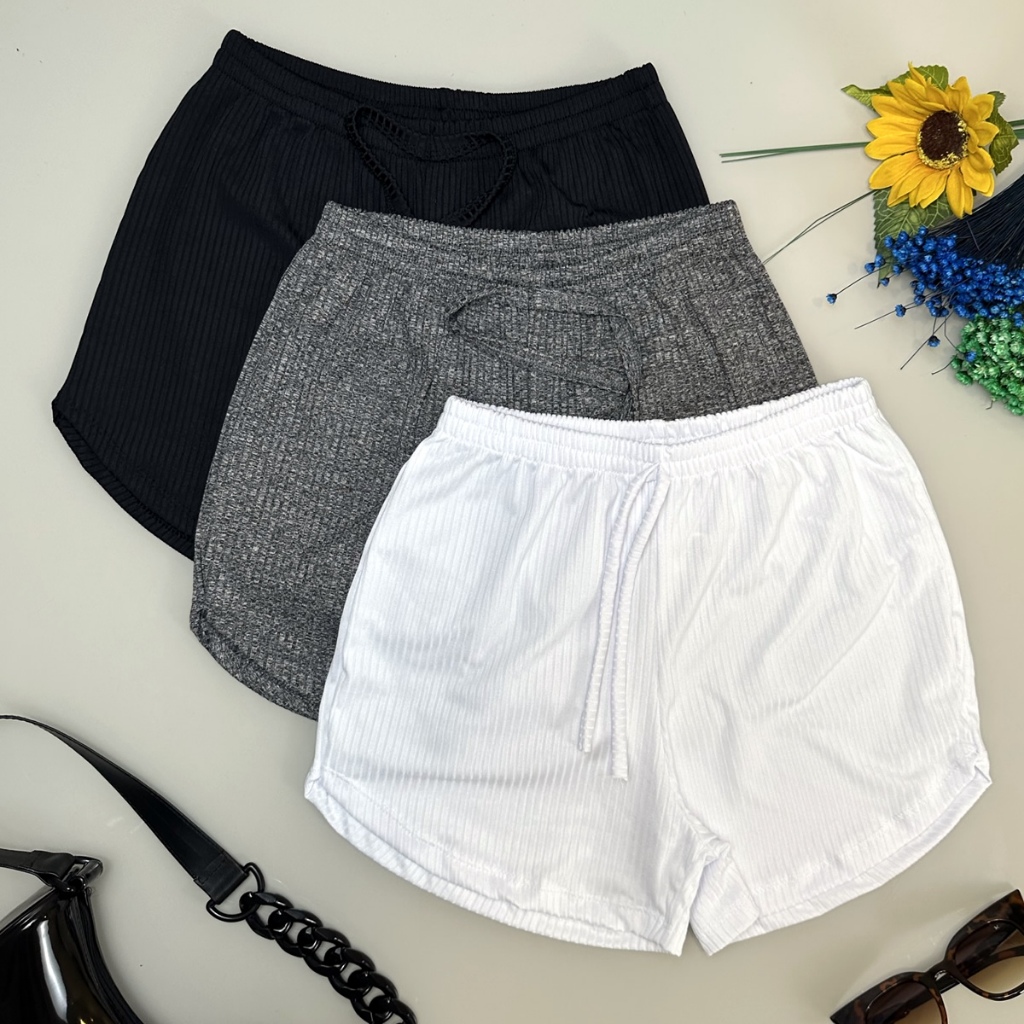 Kit 3 Short Feminino Malha Canelado Curto Soltinho Academia em Oferta na Shopee