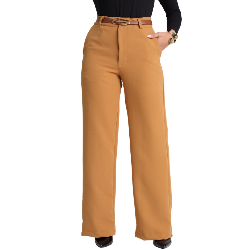 Calça Feminina Alfaiataria Wide Leg Cintura Alta Com Cinto Pantalona Calsa Flare Bolso