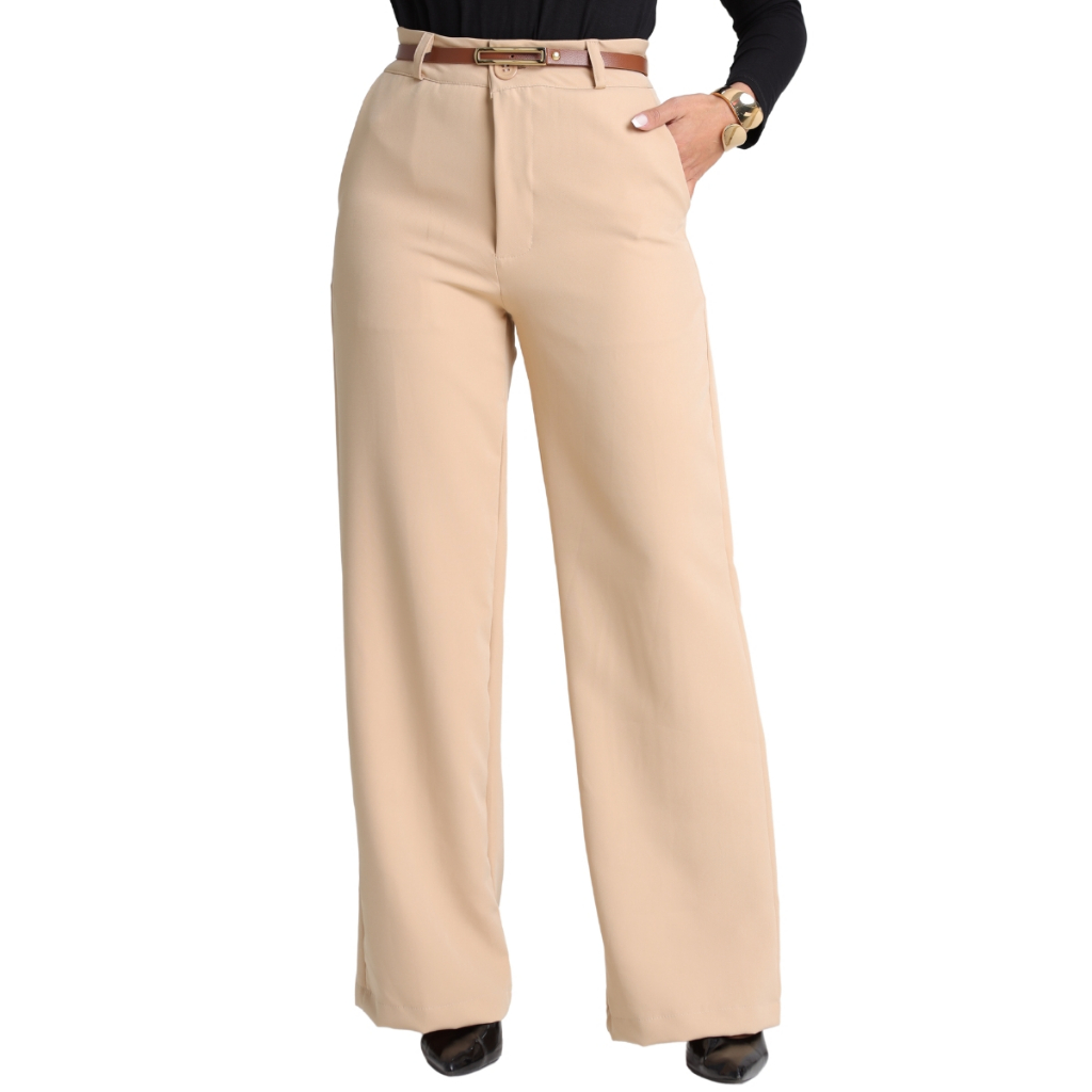 Calça Feminina Alfaiataria Wide Leg Cintura Alta Com Cinto Pantalona Calsa Flare Bolso