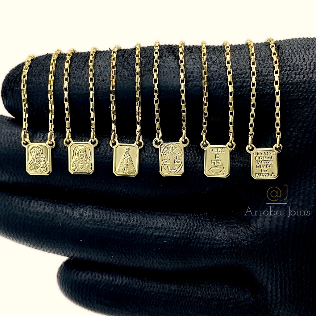 Escapulário Jesus Tradicional Nossa Senhora Aparecida São Bento Sem Imagem Evangélico Semijoia Tijolinho 1mm Banhado a Ouro 18k