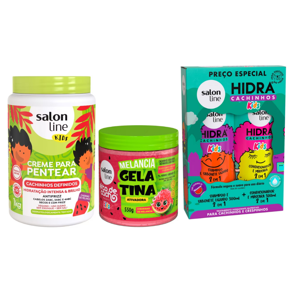 Kit Salon Line Hidra Cachinhos Kids + Creme Pentear E Gelatina Infantil Ativadora de Cachos