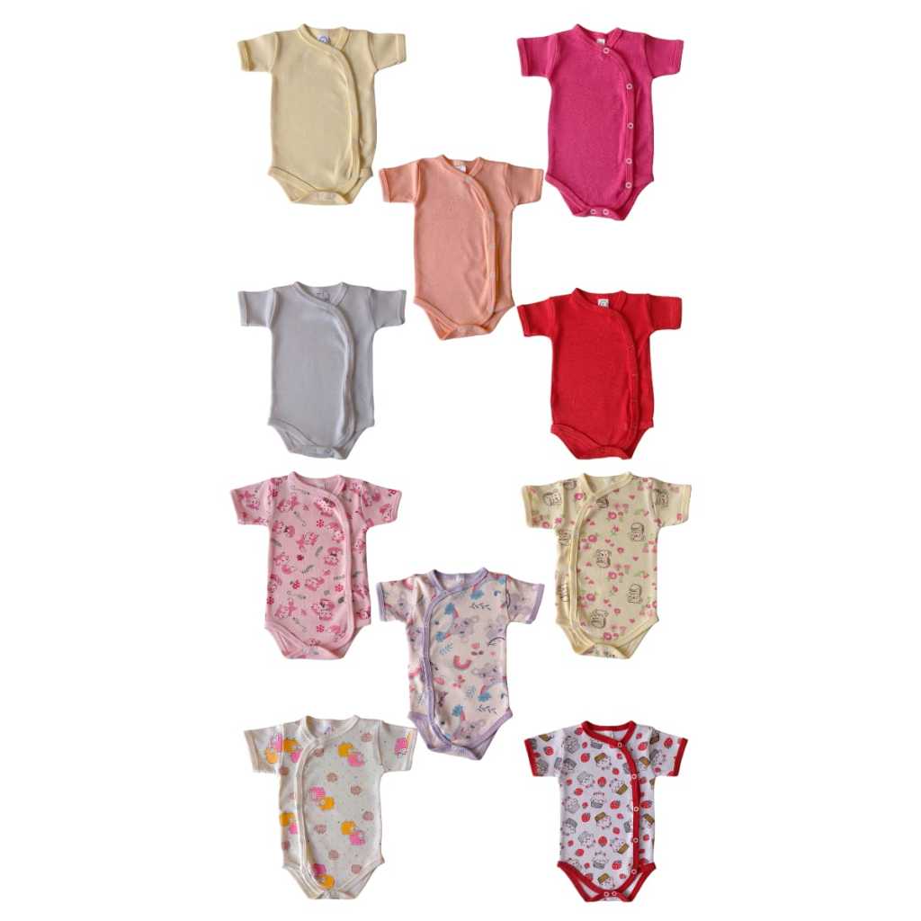 KIT 10 PEÇAS - 5 BODY KIMONO LISOS + 5 BODY KIMONO  ESTAMPADO ALGODÃO SUEDINE ROUPA ENXOVAL BEBÊ