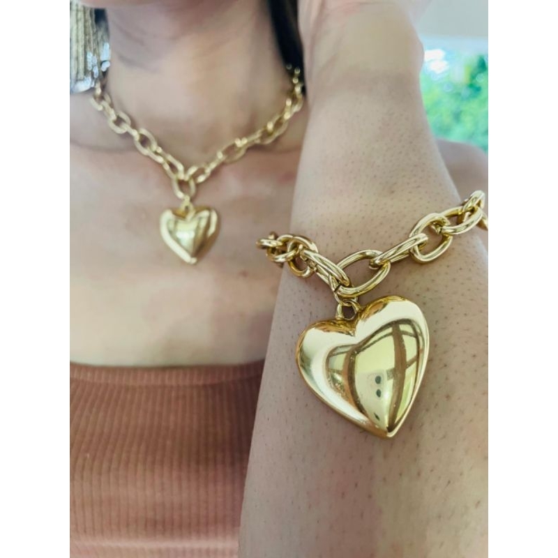 Cordão Colar Gargantilha Coração Colar Grosso Banhado a Ouro Coração Conjunto Colar e Pulseira  l