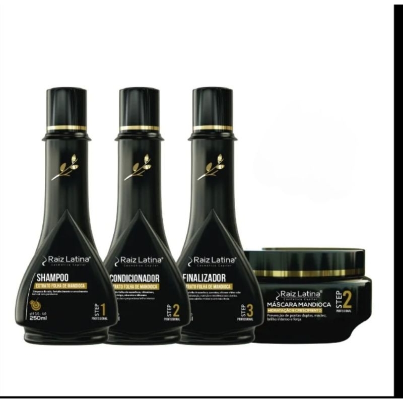 Kit Mandioca Raiz latina home care(shampoo 250ml, condicionador 250ml, máscara 250GR liveain 250ml)