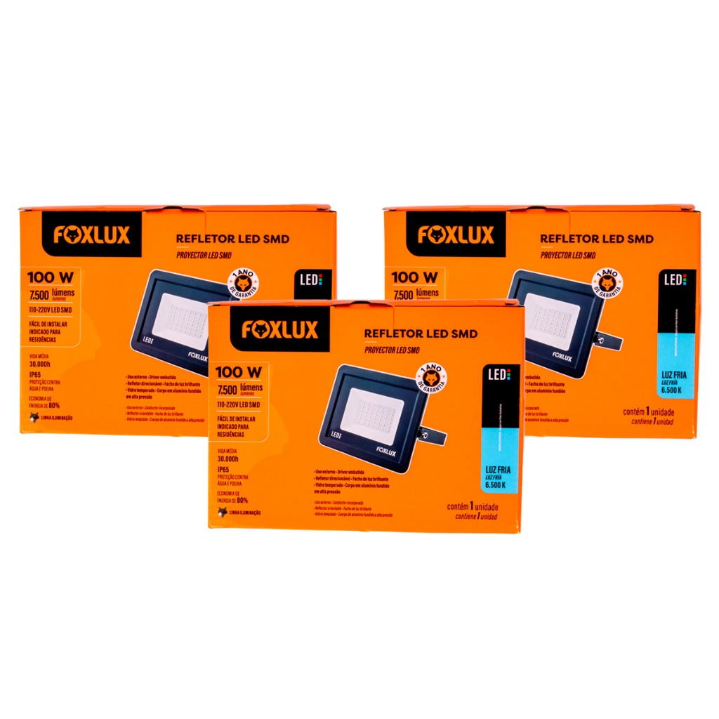 Refletores LED 100W 6500K Foxlux Bivolt IP65 para Iluminação Externa – Alta Potência e Economia Kit com 3