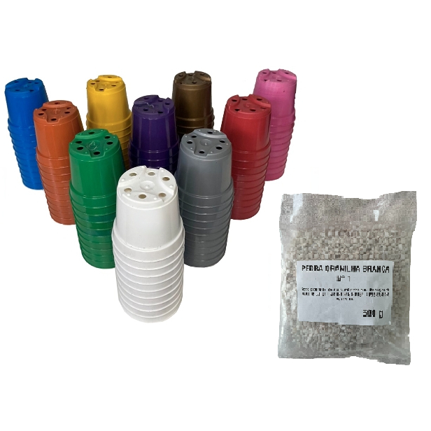 100 Vasos Plástico Pote 6 Liso Suculentas Cactos COLORIDO + 1Kg de pedrinha branca