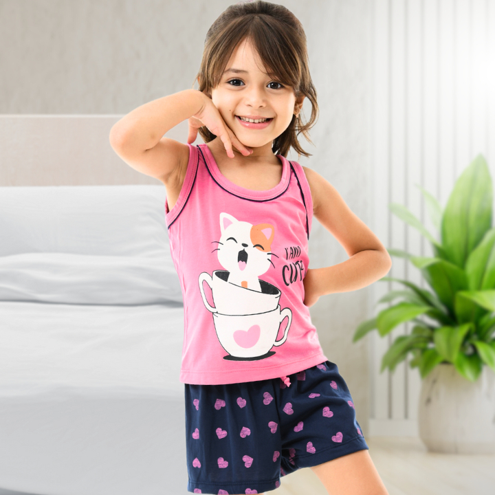 Pijama Infantil Conjunto Baby Doll Short Doll para Menina Estampado Gatinho Confort POP
