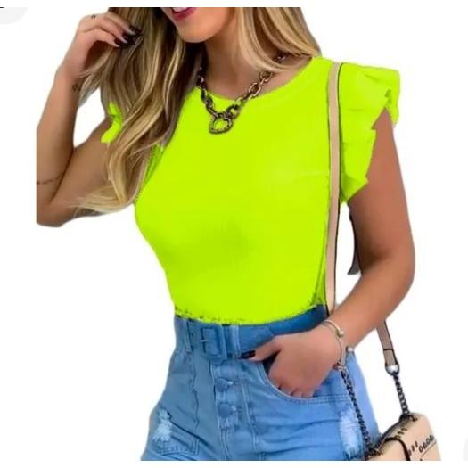 Blusa feminina canelada manga cavada babado tendência confortável