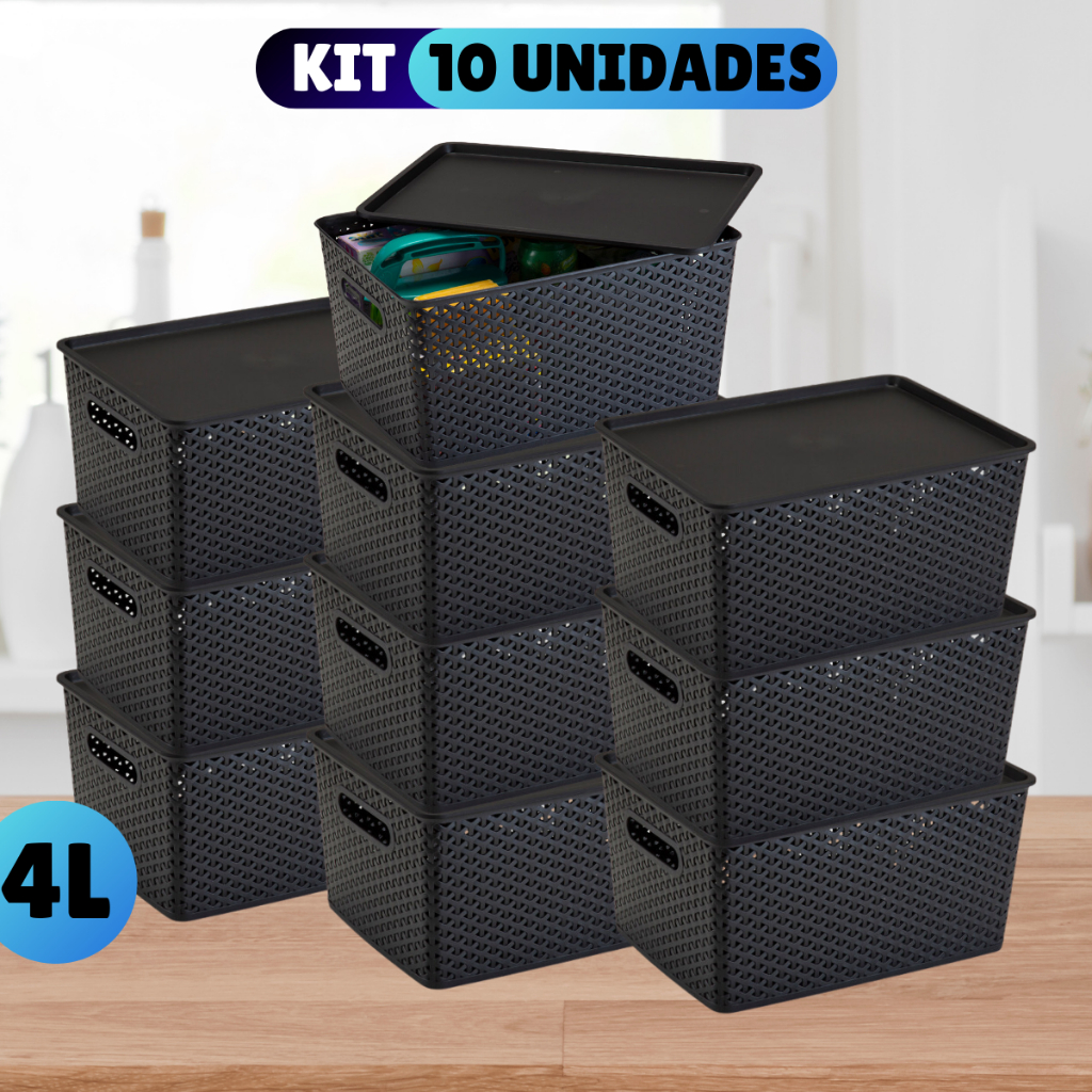 Kit Com 10 Cesto Caixa Organizadora Rattan Com Tampa  4 Litros Preto
