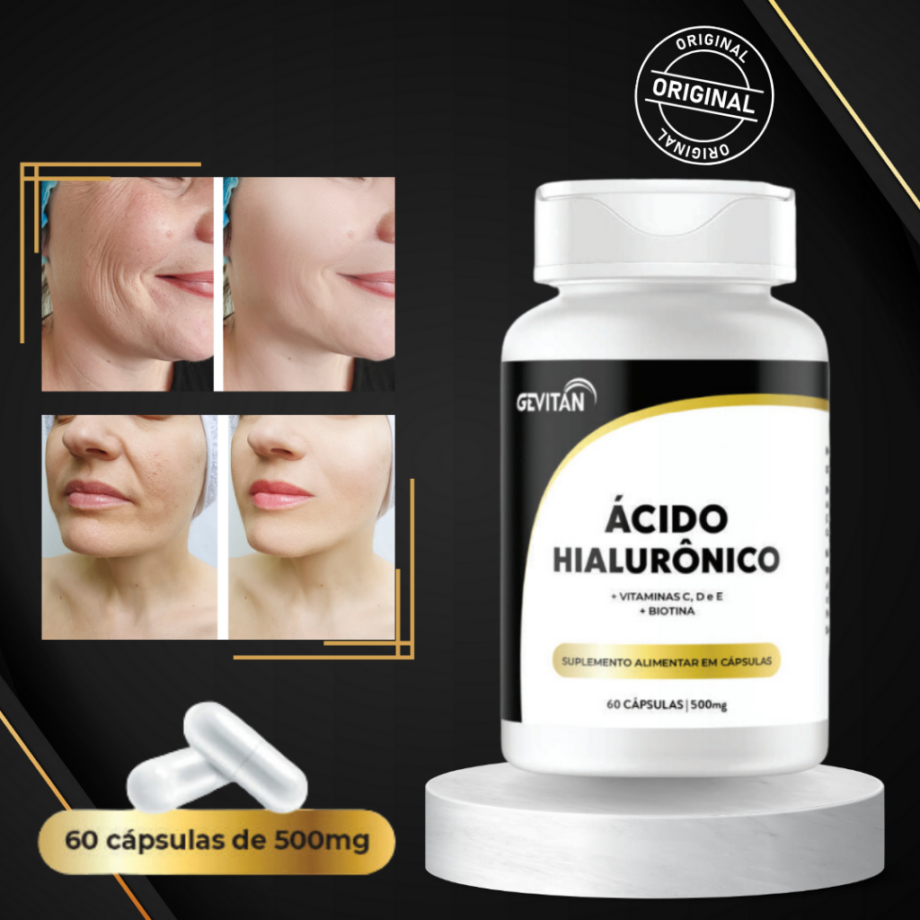 60 Capsulas de Ácido Hialurônico + Biotina e Vitaminas C, D e E  Auxilia na Produção de Colageno Melhora Auto Estima + Beleza