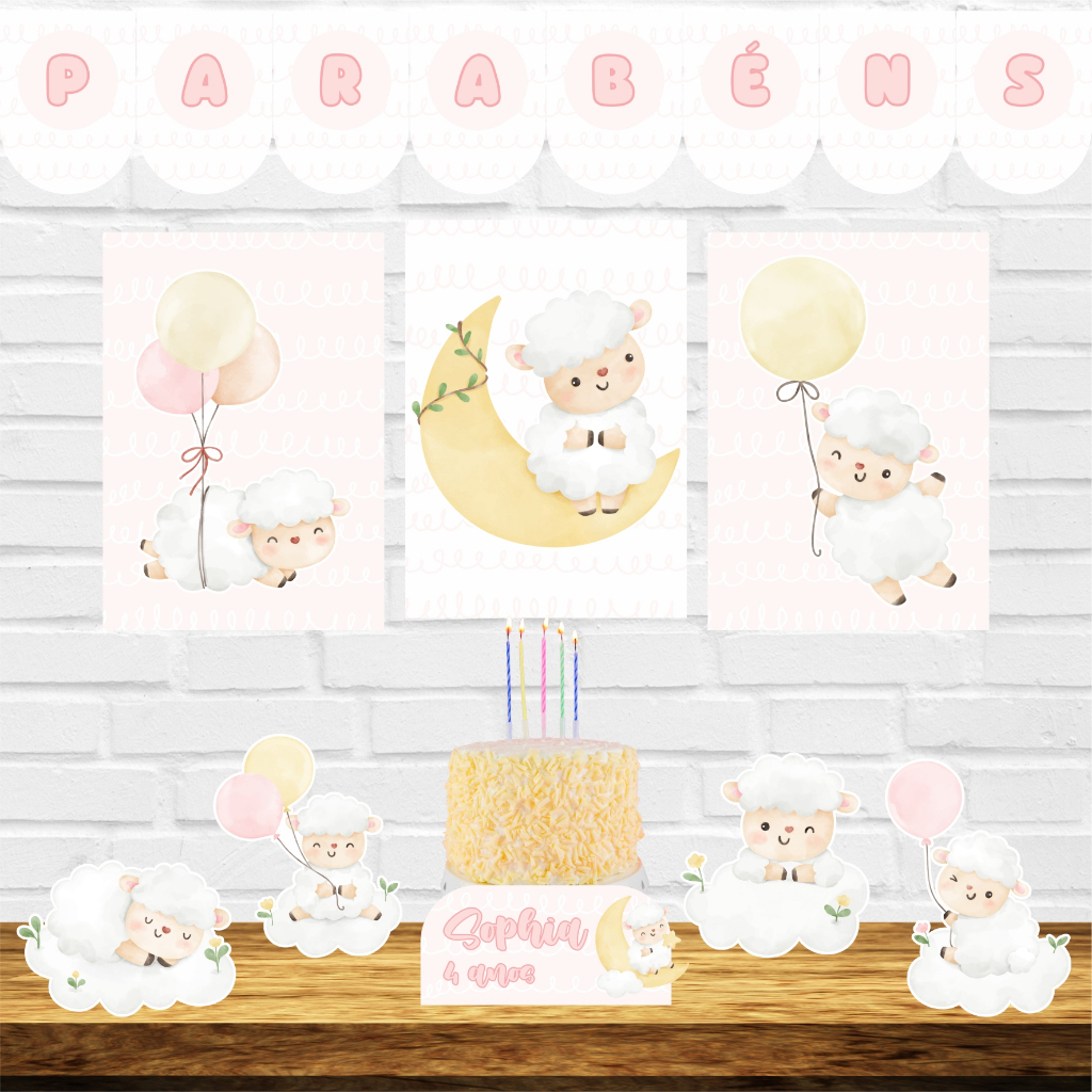 Kit Festa Só Um Bolinho Ovelhinha Nuvens Estrelas Lua Rosa Branco Meninas Decoração Rápida