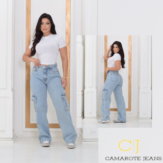 Camarote jeans wide leg cargo tendência cintura alta em Oferta na Shopee
