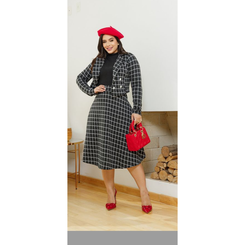 CONJUNTO XADREZ SOCIAL PLUS SIZE MODA EVANGÉLICA 2 PEÇAS CASAQUINHO E SAIA GODÊ