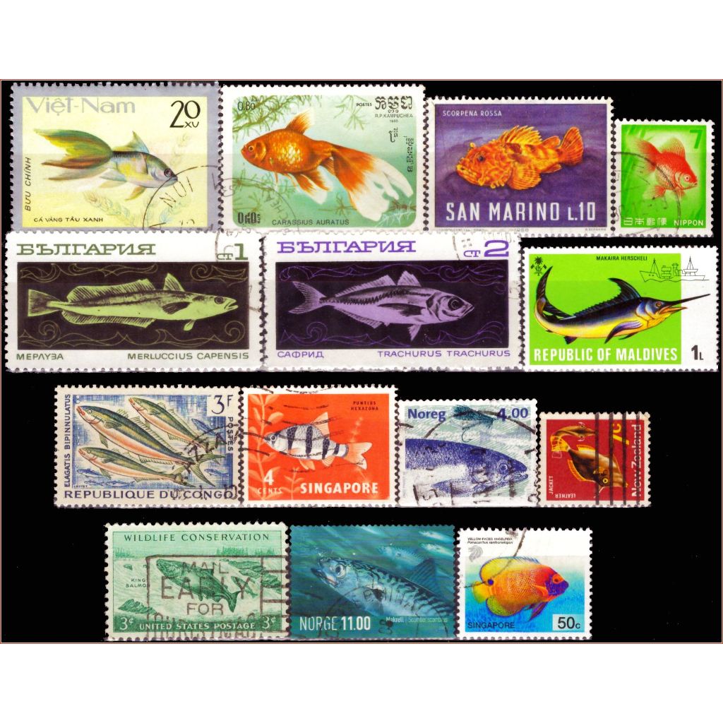 Peixes - Acumulação com 14 selos - Filatelia - Selos