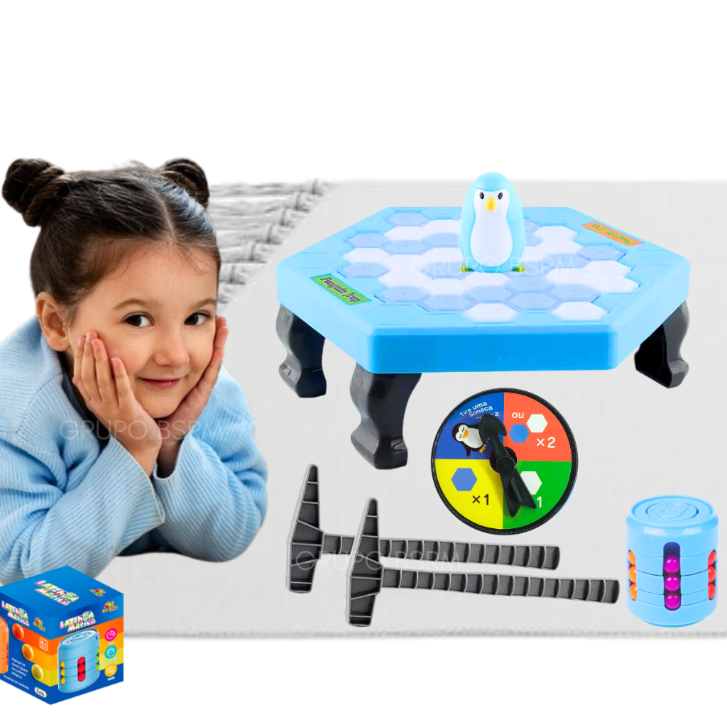 Kit Jogos educativos infantil Jogo de tabuleiro pedagogicos Pinguim Quebra Gelo Numa Fria Art Brink presente brinquedo criança 5 anos menino menina + Brinquedo Fidget Toy Anti Stress 2 em 1 Hand Spinner Cilindro Cubo Mágico