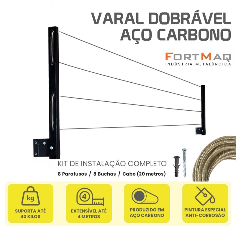 Fortmaq Varal Retrátil, Dobrável De Parede Em Aço, suporta até 60kg Cabo De Aço Encapado  ENVIO IMEDIATO