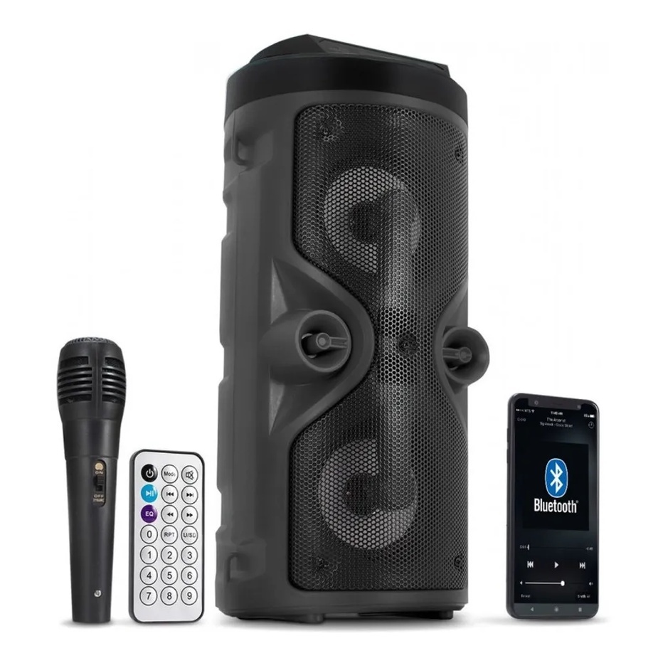 Caixa De Som Portátil Bluetooth Rádio Fm Usb Sd Controle Remoto Microfone Torre