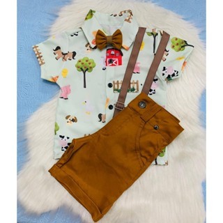 Conjunto Menino Infantil Luxo Temático Fazendinha +Bermuda Caramelo