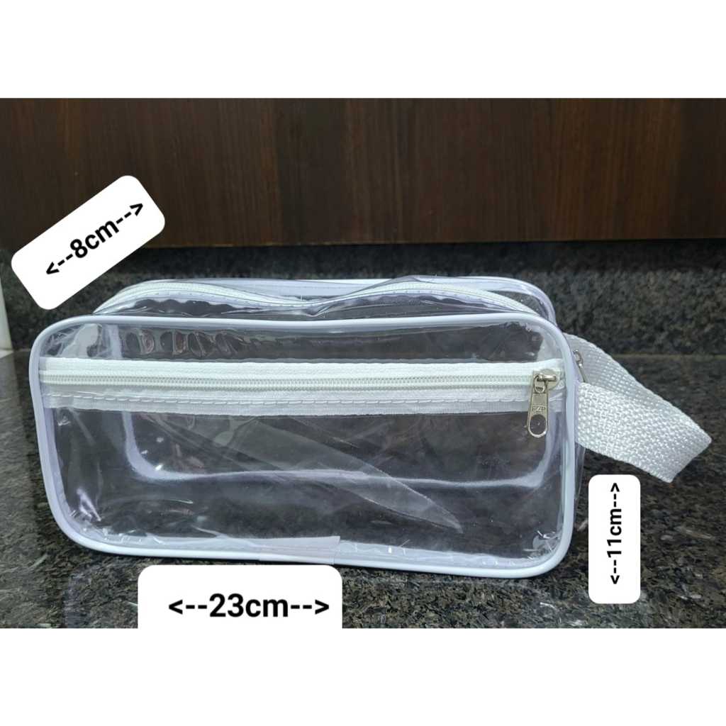 NECESSAIRE E ESTOJO TRANSPARENTE FRISOS LATERIAS BRANCO, MAQUIAGEM, LÁPIS,ARTIGOS DE HIGIENE PESSOAL