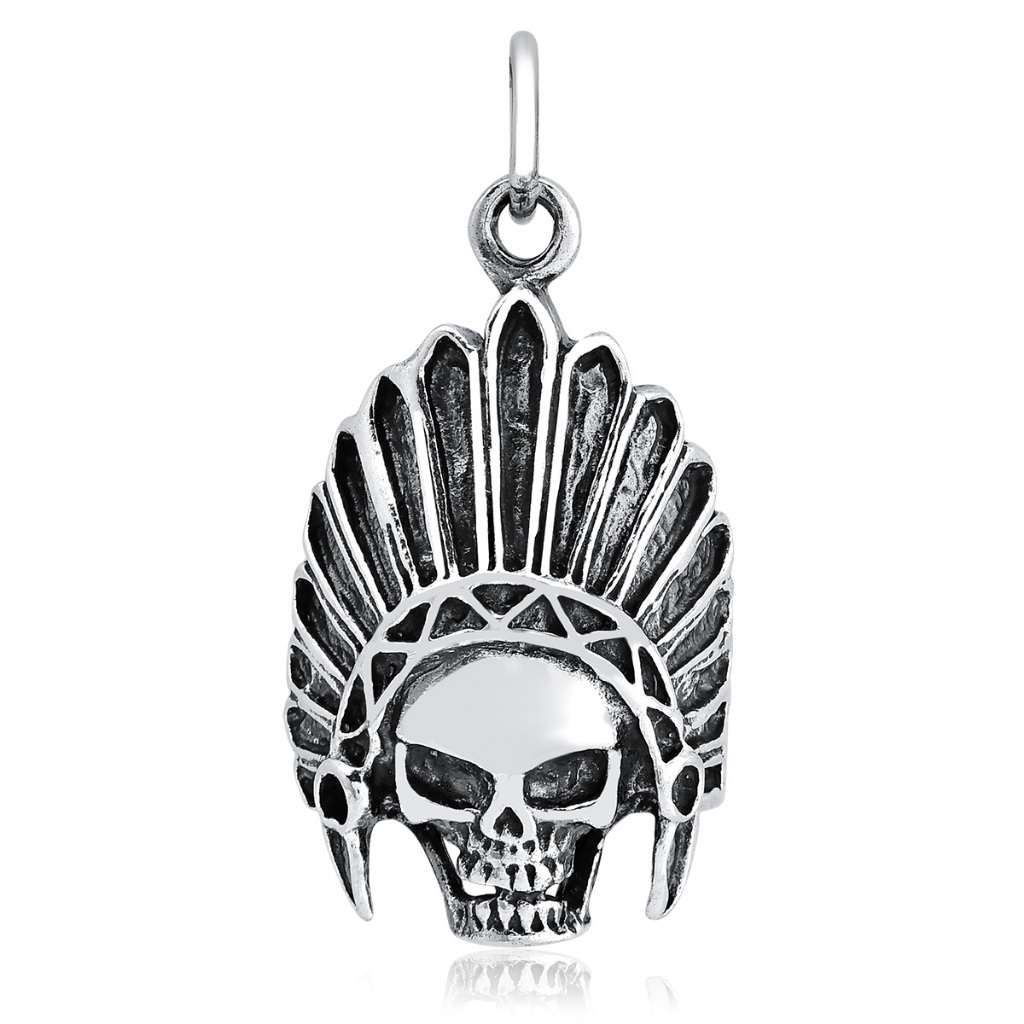 Pingente Masculino de Prata 925 Caveira com Cocar Bali