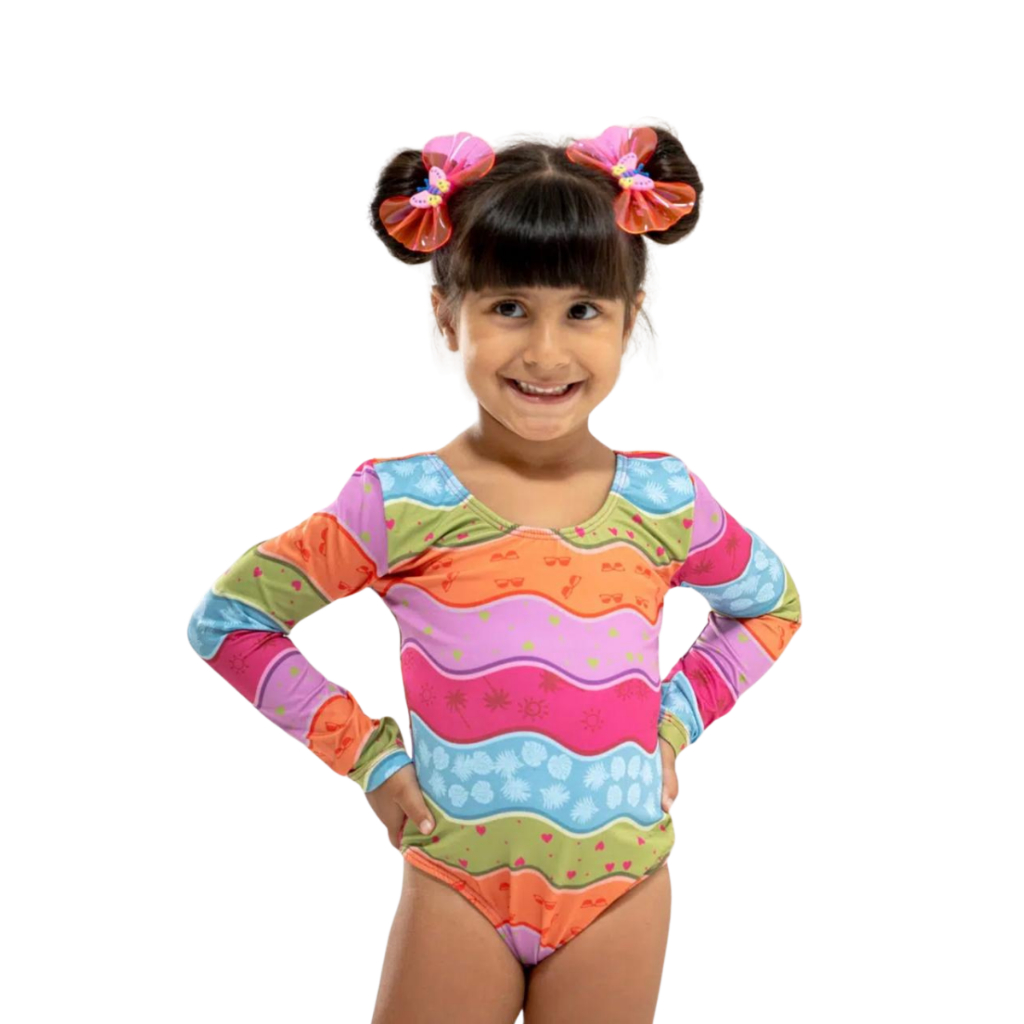 Maiô de Natação Infantil Feminino Roupa de Banho Biquini Moda Praia Manga Longa Proteção Solar UV50+