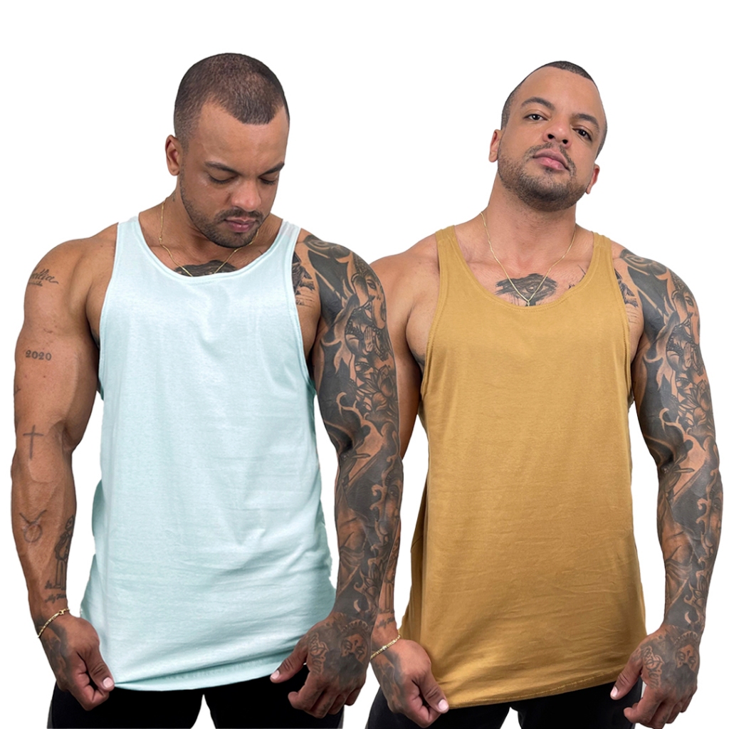 Kit com 2 Regatas Masculinas Verde Água + Cores Modelo Cavada Nadador 100% Algodão Lisas - Bombey