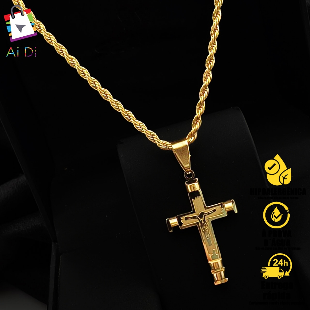 Colar de Corrente Fina com Pingente de Cruz de Jesus Cristo - Cordão Banhado a Ouro 18K Não Escurece