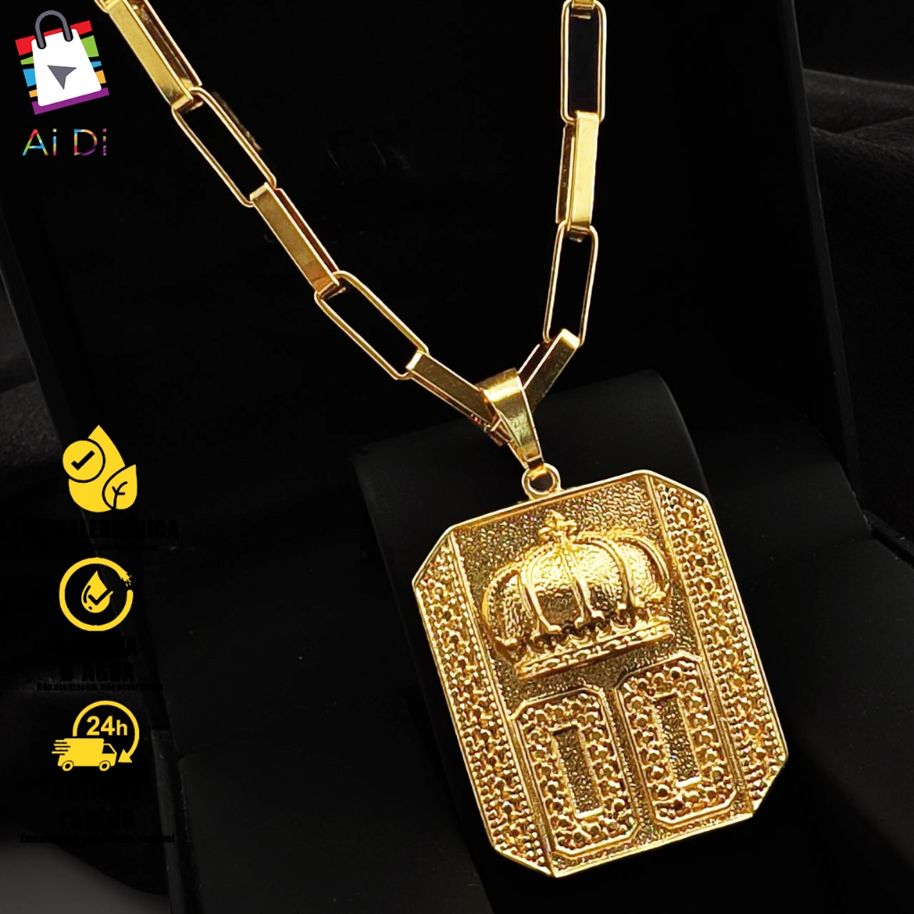 Colar Masculino com Corrente Grande e Pingente de Placa Coroa 3D Cravejado - Banhado a Ouro 18K