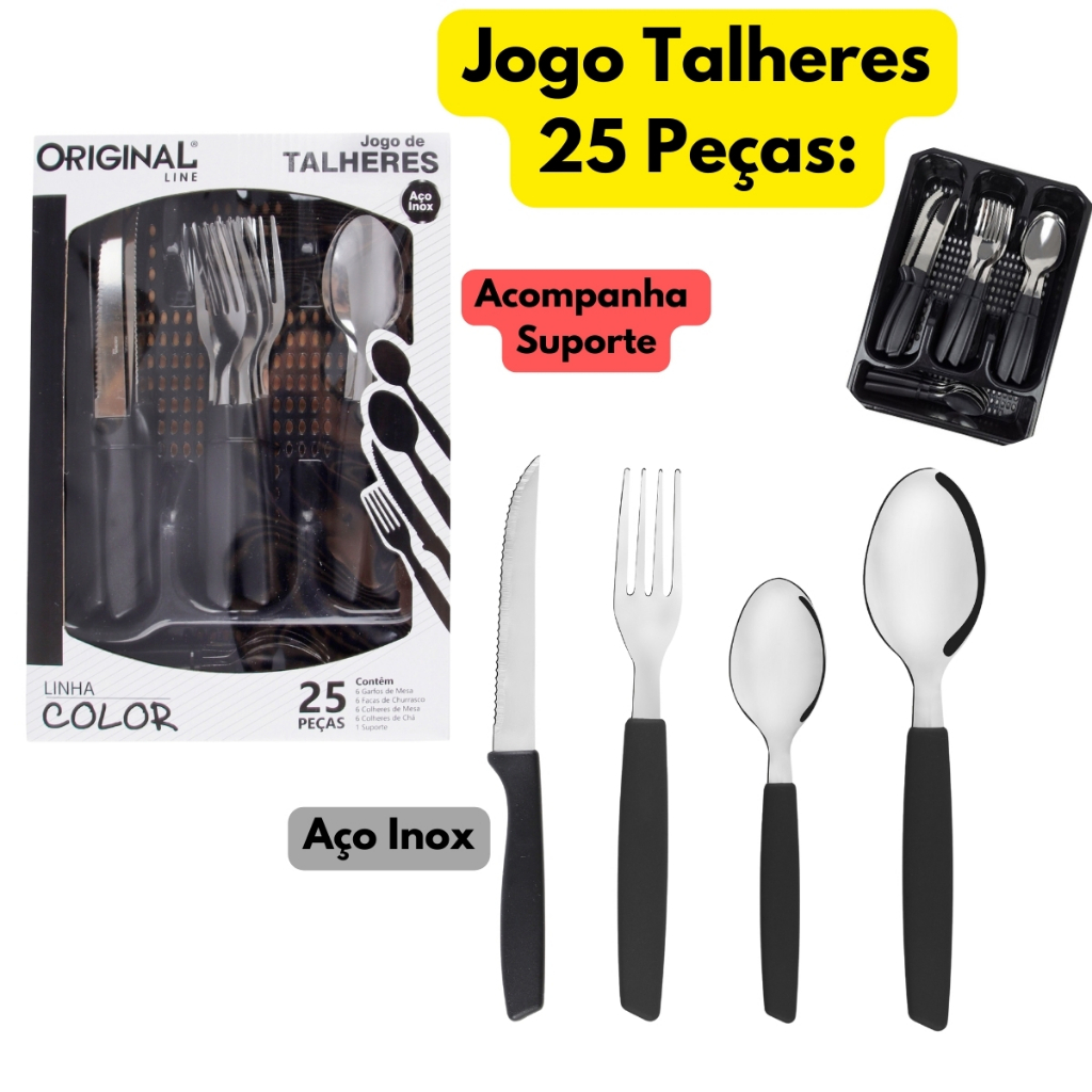 Jogo Kit 25 Talheres De Mesa Inox Preto Com Suporte Original Line Linha Color Refeição Almoço Jantar