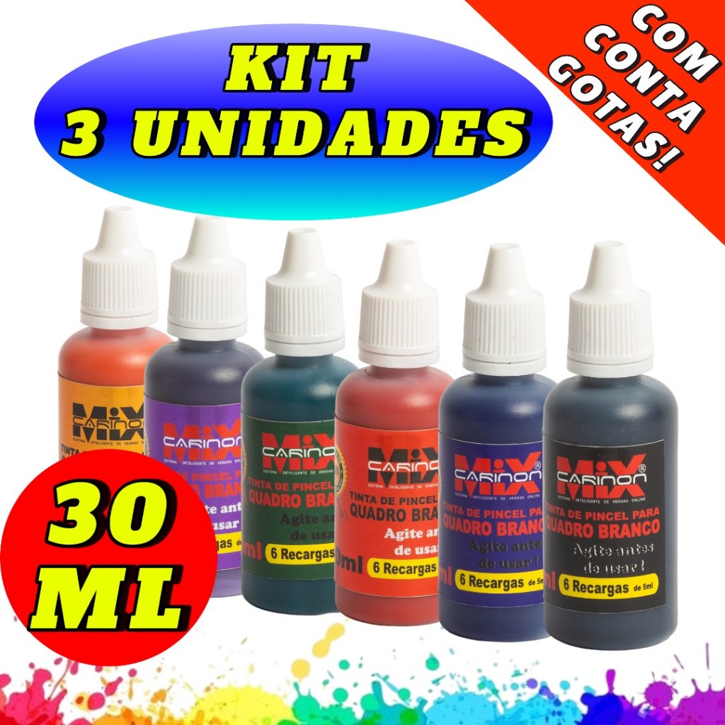 Kit 3 Unidades Tinta De Pincel Para Quadro Branco 30 ml cada - NÃO MANCHA O QUADRO Com conta gotas