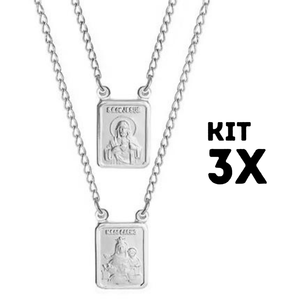 Kit 3 Escapulários de Inox Masculino Feminino Jesus Nossa Senhora Carmo Religião