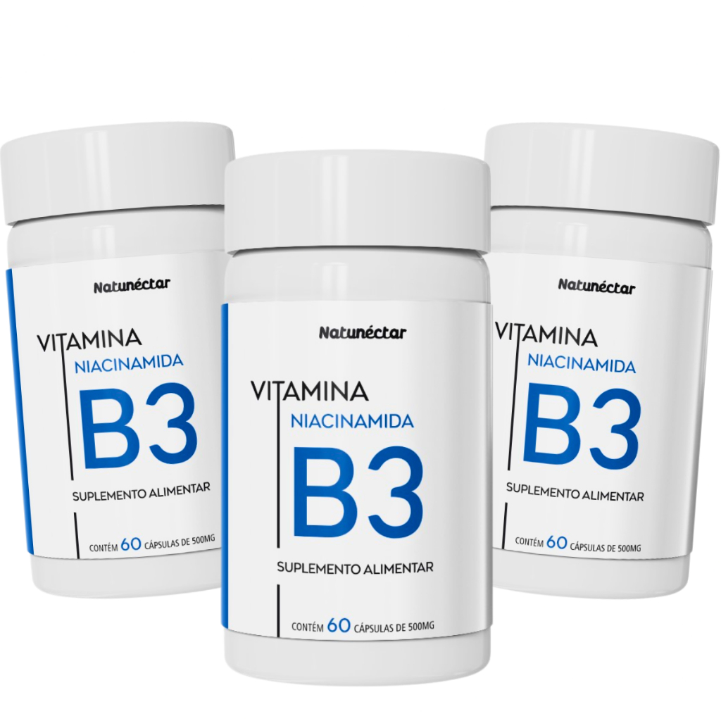 Kit 3x Vitamina B3 Niacinamida 35mg 180 Capsulas Natunectar 500mg Niacina Humor Sono Estresse