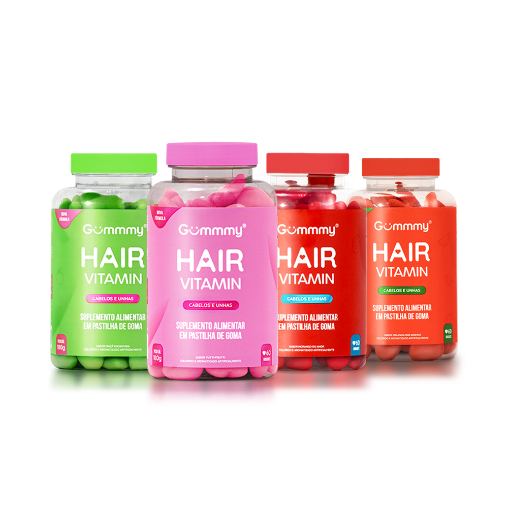 Kit 4 Gummy Hair (1Tutti-Frutti + 1 Maça Verde + 1 Morango + 1 Melancia)