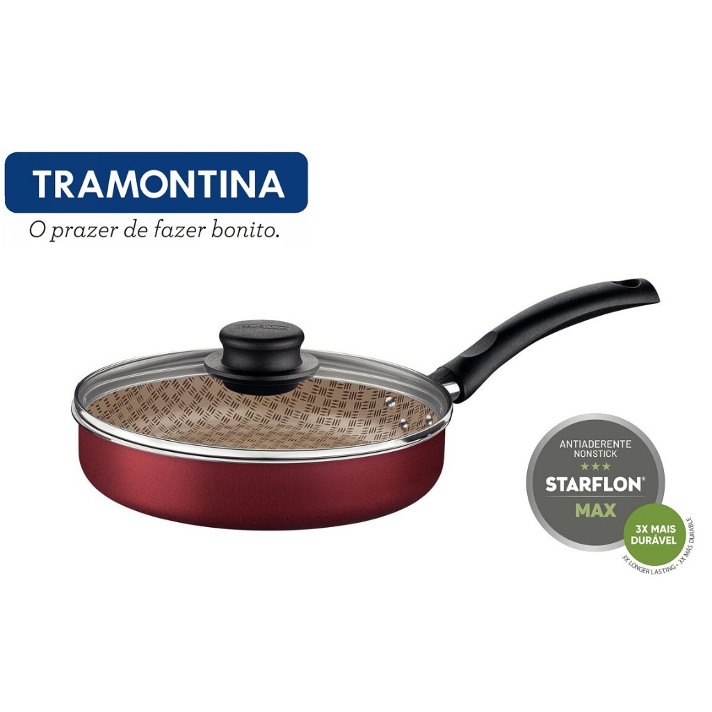 Frigideira Reta Com Tampa Antiaderente Tramontina Starflon Max Turim Vermelha 1,7L 22cm