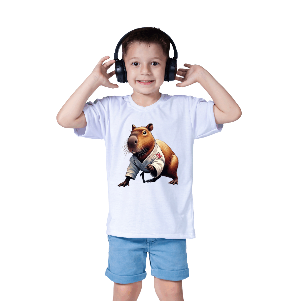 Camiseta Blusa Infantil Capivara Capybara Lutando Jiu Jtsu Karate Judô Luta Esporte de Kimono 2
