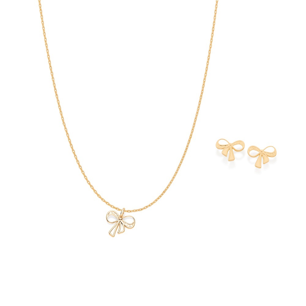 Conjunto Rommanel Colar Pingente e Brincos Laço Vazado Cordão fio cadeado em Oferta na Shopee