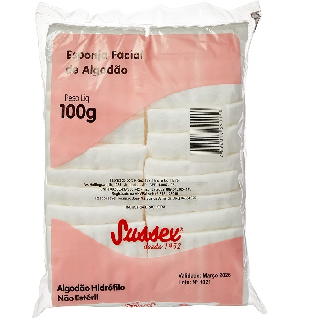 Algodão Esponja Facial 100g Cuidados e Higienização Sussex 2 pacotes