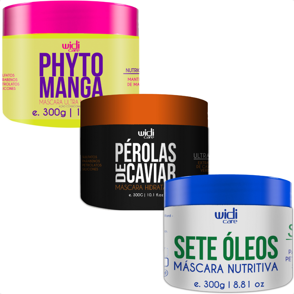 Kit Cronograma Sete Óleos 300g + Pérolas de Caviar 300g + Phytomanga 300g Máscaras Widi Care
