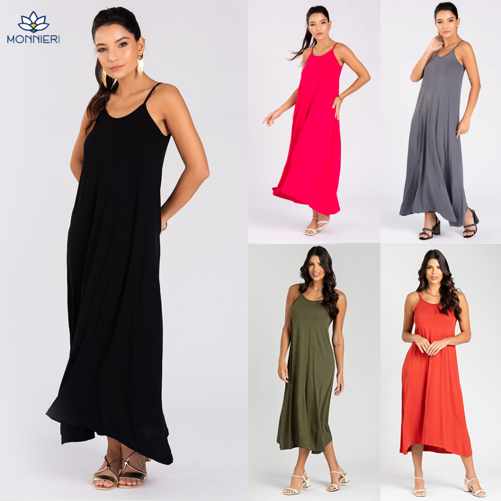 Vestido Elegante Casual Dia a Dia Longo Alcinha Liso Soltinho