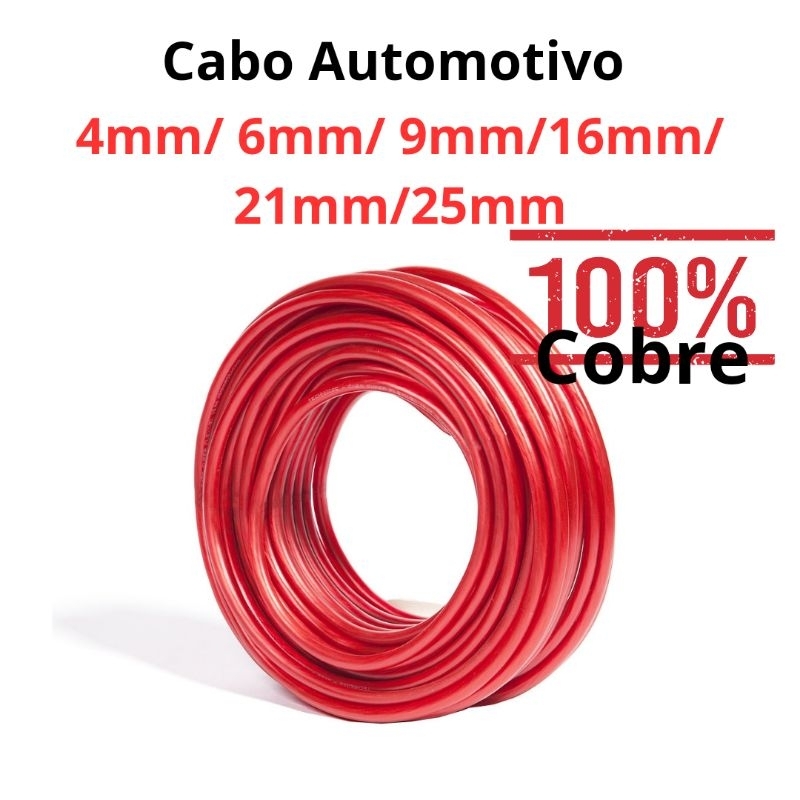 Cabo Fio De Bateria 1 Metro - 25mm 21mm 16mm 9mm 6mm 4mm - 100% Cobre Vermelho