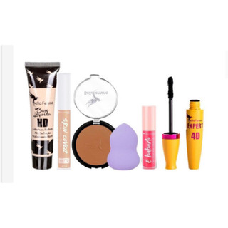 Kit de Maquiagem Base, Corretivo, Pó Compacto, Esponja, Batom e Rímel
