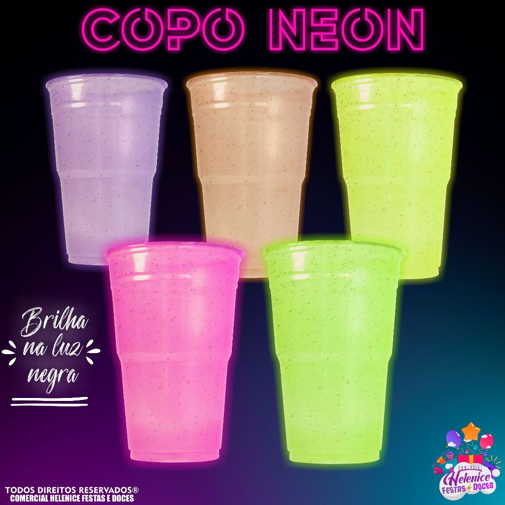 Kit Balada Neon 100 Copos Neon 300ml + 100 Canudos Flexível Brilha no Escuro Festa Neon Descartável