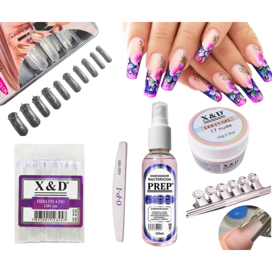 Kit Alongamento de Unha GEL CURSO MANICURE  XD 100 Moldes F1 Gel Acrigel Porcelana LIXA BUMERANG 50 FIBRA FIO A FIO PRESILHA PREP 120ML
